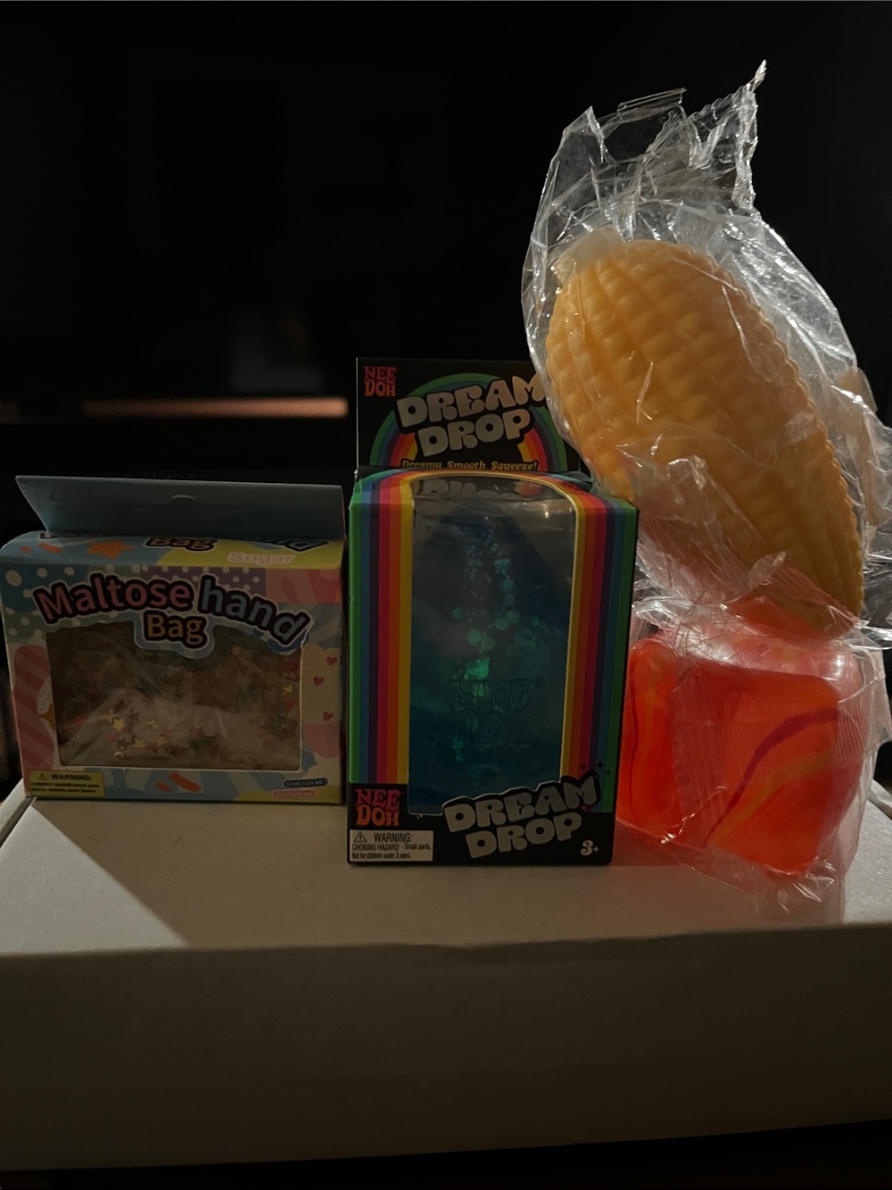 Dream Drop NEE DOH bundle 3 Squishies:corn,maltose hand bag and swirl cube